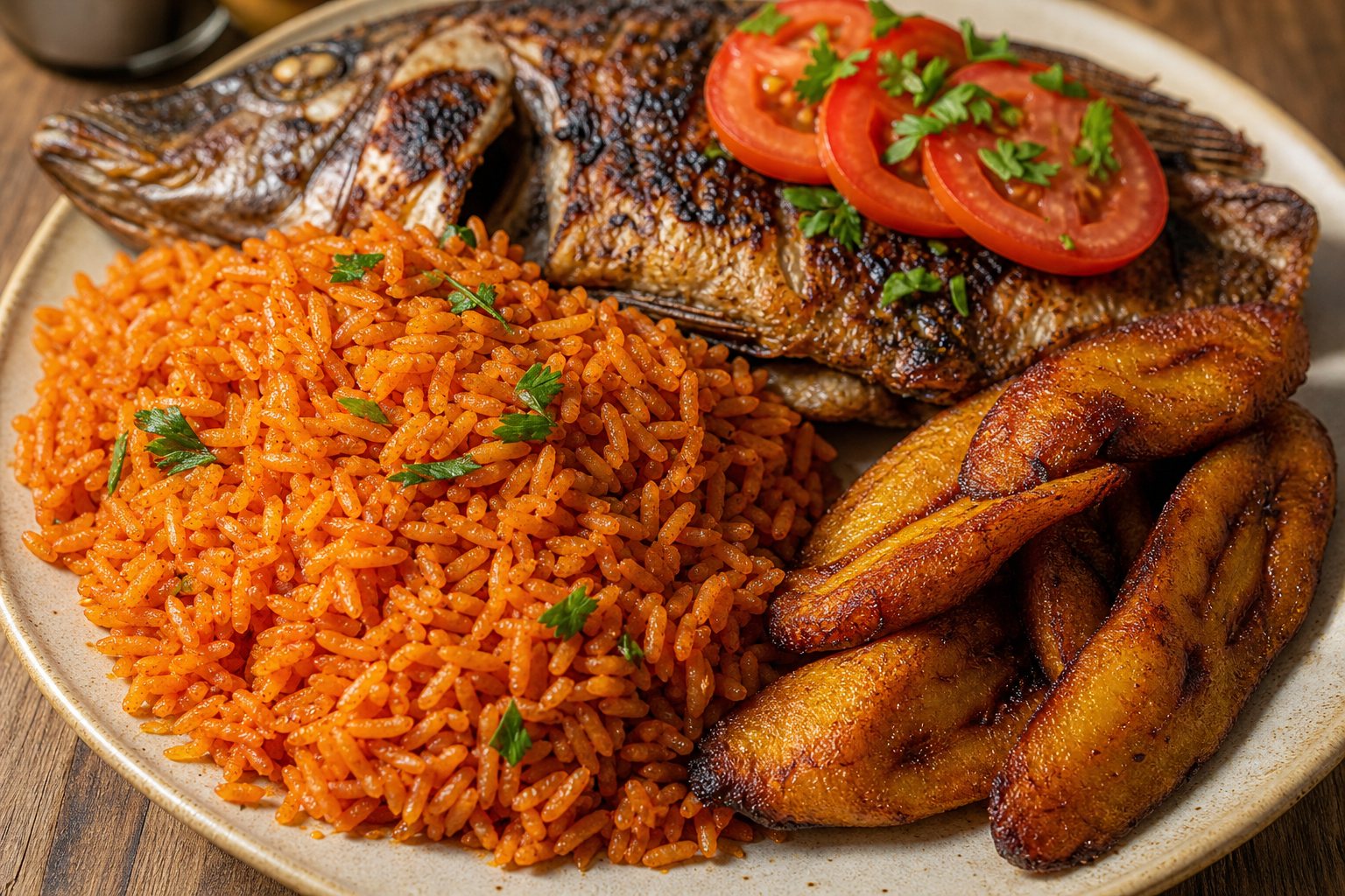 Grilled tilapia with jollof rice and plantain