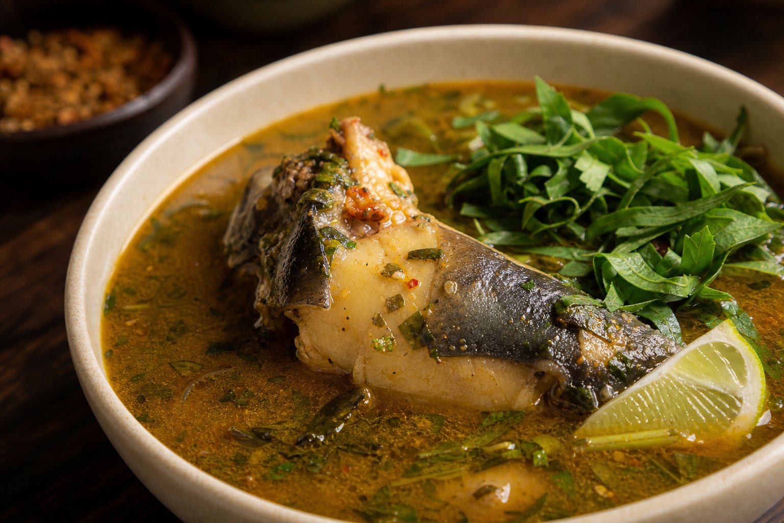 Catfish pepper soup in a bowl with uziza and herbs